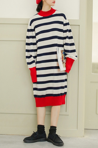 Fashion Striped Print Long Sleeve Round Neck Knitted Dress