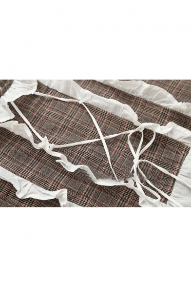 Fashionable Plaid Print Ruffle Detail Tie Front Long Sleeve Dress