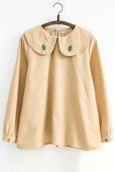 Girly Tree Embroidered Peter Pan Collar Long Sleeves Loose Pullover Blouse