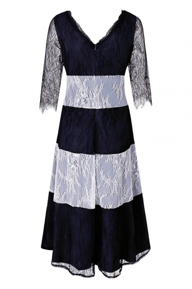Hot Fashion Color Block Print V-Neck Half Sleeve Lace Panel Dress