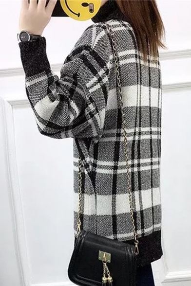 Hot Fashion Plaid Print Long Sleeve Turtleneck Tunic Pullover Sweater