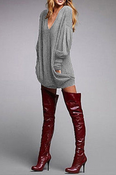Leisure V-Neck Long Sleeves Draped Front Loose Over-Sized Mini T-shirt Dress