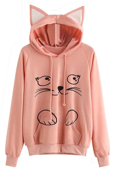 Lovely Cat Cartoon Pattern Long Sleeves Pullover Hoodie with Ears & Pocket