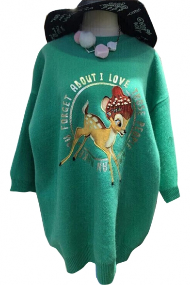 New Stylish Cartoon Deer Print Long Sleeve Round Neck Tunic Pullover Sweater