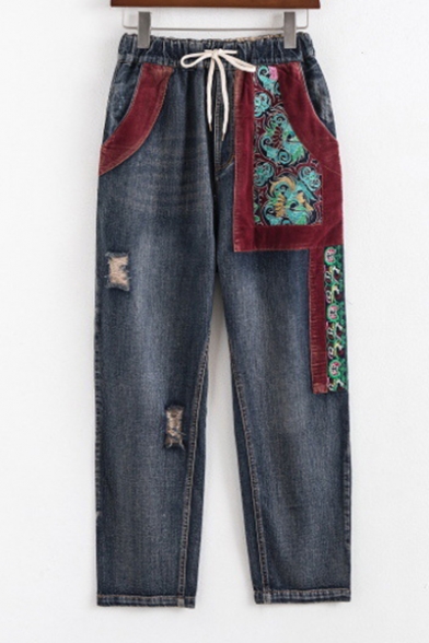New Stylish Drawstring Waist Ripped Embroidered Pattern Jeans