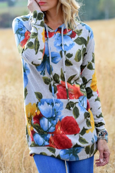 New Stylish Floral Print Long Sleeve Hoodie with Pocket