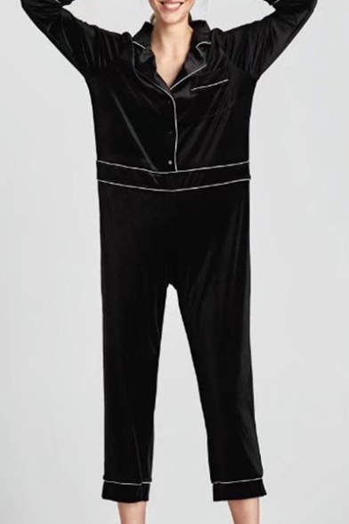 New Trendy Long Sleeve Collared Striped Velvet Jumpsuits