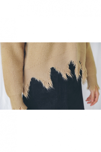 New Trendy V-Neck Long Sleeve Simple Plain Tassel Pullover Sweater