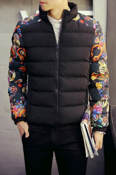 Peasant Style Floral Pattern Long Sleeves Zippered Quilted Men's Coat