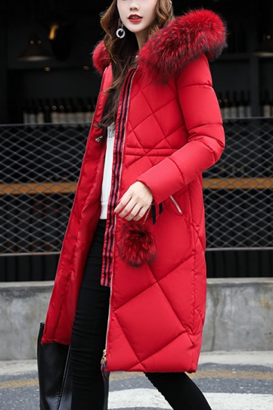 Simple Faux Fur Hooded Long Sleeve Zip Up Longline Quilted Coat