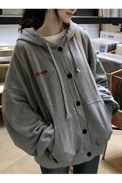 Simple Leisure Loose Letter Embroidered Long Sleeve Buttons Down Hoodie