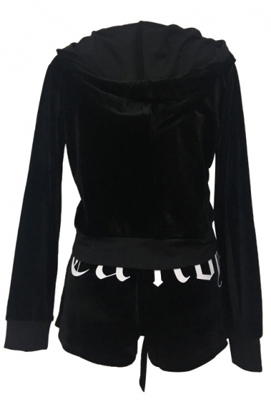 Simple Letter Print Long Sleeve Zipper Hoodie Shorts Casual Co-ords