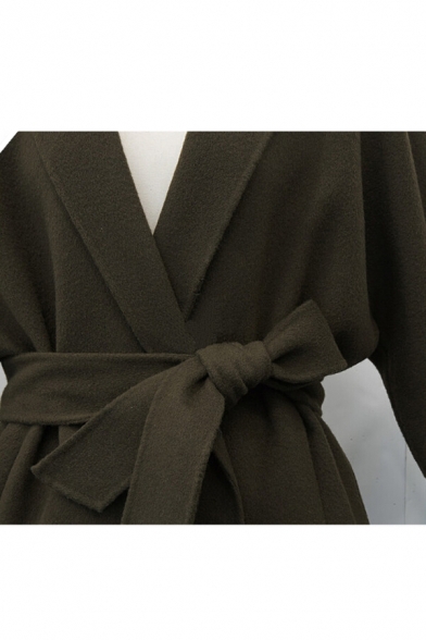 Simple Plain Belt Waist Long Sleeve Notch Lapel Slim-Fit Tunic Coat