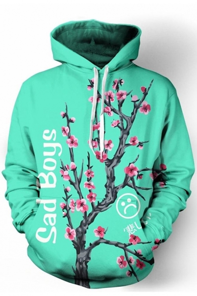 Stylish Long Sleeve Letter Floral Print Drawstring Hoodie