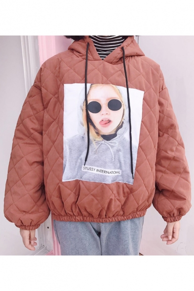 Stylish Portrait Pattern Balloon Sleeves Elastic Waist Hooded Pullover Quilted Coat