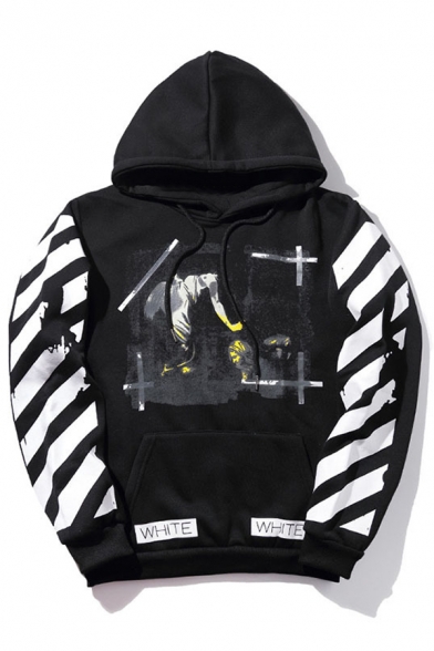 Stylish Striped Sleeves Color Block Graffiti Pattern Pullover Hoodie with Pocket