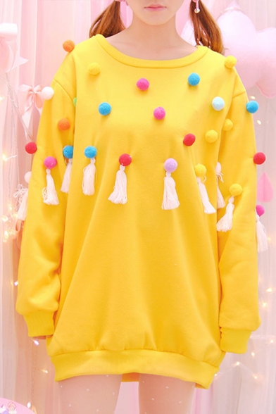 Sweet Colorful Long Sleeves Round Neck Pullover Sweatshirt Embellished with Pompons & Tassels