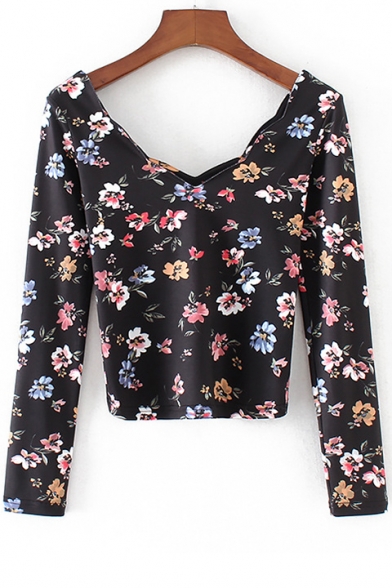 Trendy Chic Floral Pattern Double V Neck Long Sleeve Leisure T-Shirt