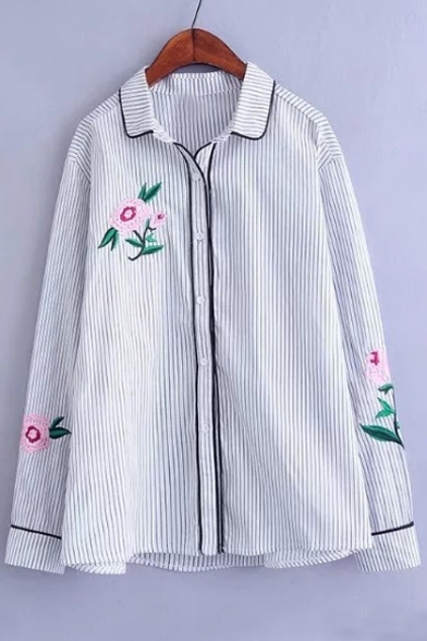 Trendy Lapel Striped Floral Embroidery Button Down Long Sleeves Shirt