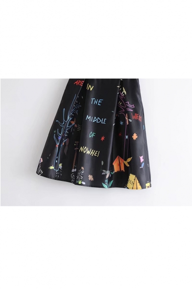Trendy Letter Print High Waist Zipper Back Midi A-line Skirt
