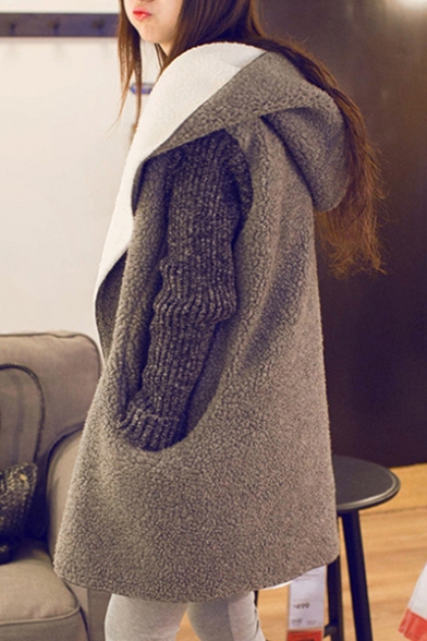 Trendy Single Button Knitted Insert Long Sleeve Hooded Simple Plain Coat