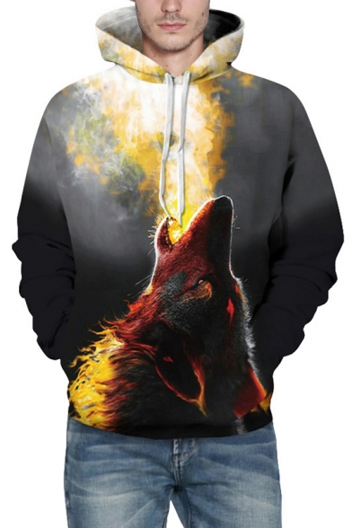Trendy Wolf Smoke Flame Pattern Long Sleeves Pullover Hoodie with Pocket