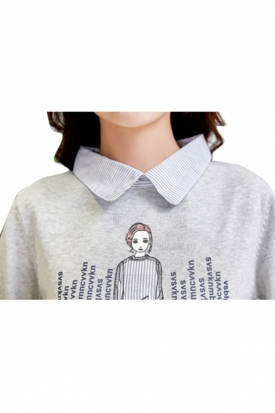 Casual Girl Cartoon Letter Pattern Long Sleeves Lapel Tiered Pullover Sweater