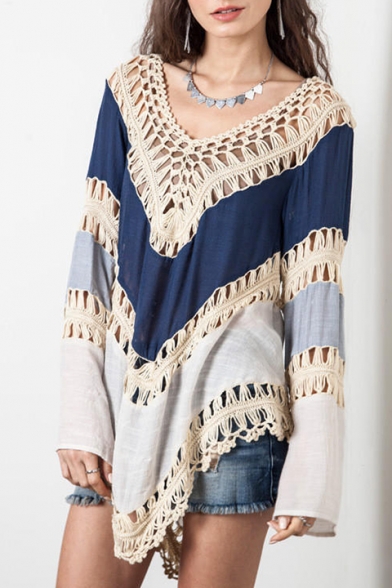 Chic Color Block Print Long Sleeve V-Neck Hollow Out Cover Up