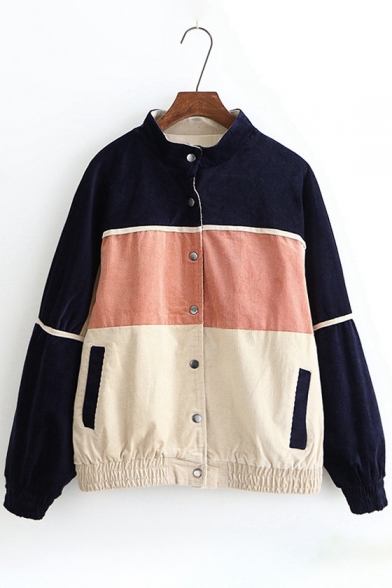 Color Block Stand-Up Collar Long Sleeve Buttons Down Baseball Coat