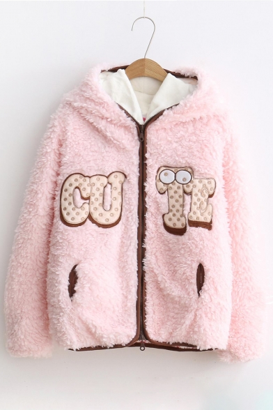 Cute Cartoon Letter Pattern Long Sleeve Zippered Fluffy Hooded Coat