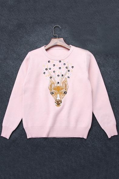 Deer Embroidered Sequined Floral Pattern Long Sleeve Round Neck Pullover Sweater