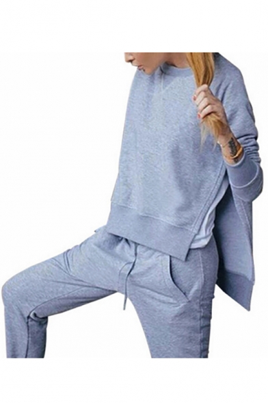 Fashion Simple Plain Round Neck Long Sleeve Sweatshirt Sports Co-ords