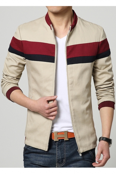 Fashionable Color Block Long Sleeves Zippered Casual Jacket with Zip-Pockets