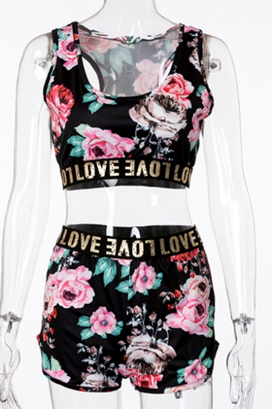 Fashionable Digital Floral Letter Print Cropped Tank Shorts Sport Co-ords