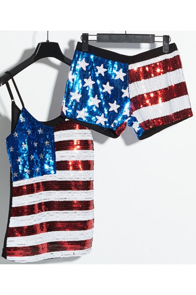 Fashionable Sequined Star Striped Flag Pattern Cami Shorts Co-ords