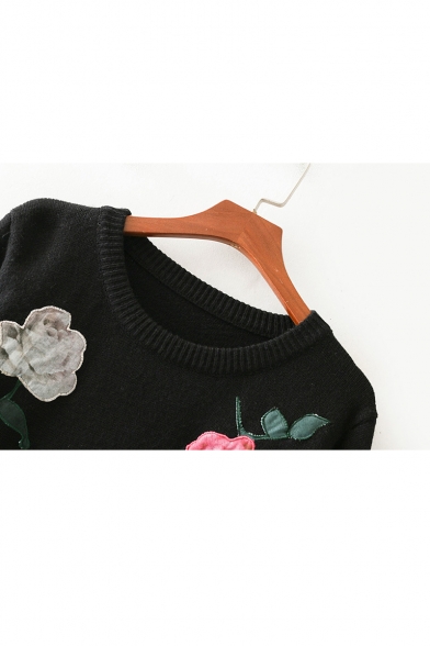 Floral Embroidered Round Neck Long Sleeve Pullover Sweater