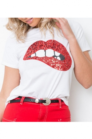 Hot Lips Mouth Sequined Printed Round Neck Short Sleeves Pullover Casual Tee