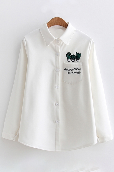 Letter Plant Embroidered Lapel Long Sleeve Buttons Down Shirt