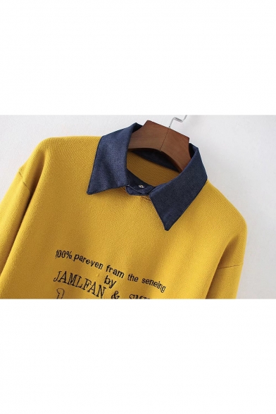 Letter Print Round Neck Long Sleeve Pullover Sweater with Detachable Denim Lapel