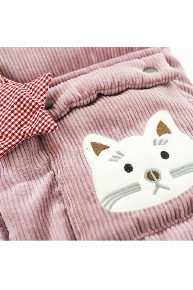 Lovely Cat Embroidered Fur Trimmed Star Drawstring Zippered Quilted Hooded Coat with Flap-Pockets
