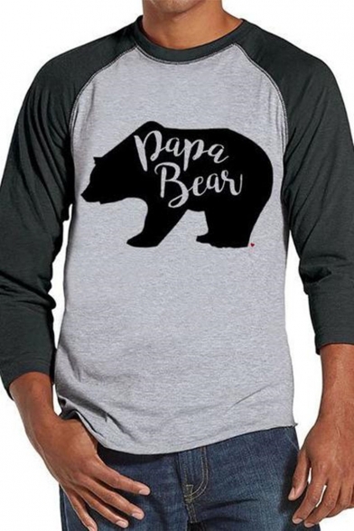 Lovely PAPA BEAR Letter Animal Printed Round Neck Color Block 3/4 Sleeves Men's Tee