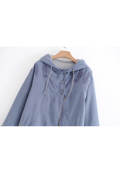 New Fashion Embroidered Long Sleeve Zip Up Hooded Coat