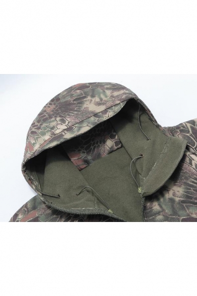 Outdoor Camouflage Long Sleeve Zipper Placket Hooded Coat with Pockets