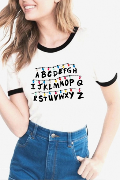 

Simple Letter Alphabet Printed Round Neck Contrast Trimmed Short Sleeves Summer Tee, LC459228, Black;red