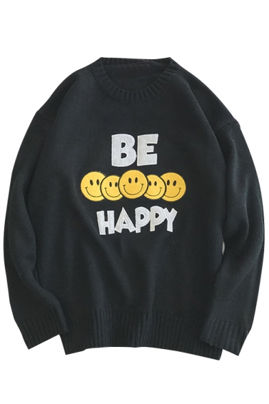 Simple Letter Smiley Faces Printed Long Sleeves Round Neck Pullover Sweater