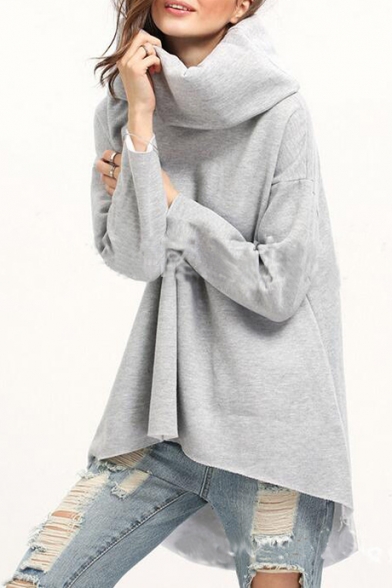 Simple Plain Long Sleeve Turtleneck Asymmetric Hem Pullover Sweatshirt