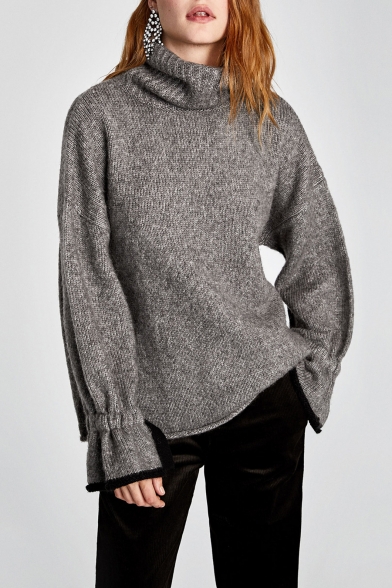 Simple Plain Turtleneck Ruffle Long Sleeve Pullover Sweater