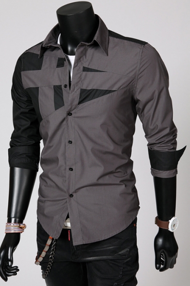 Stylish Color Block Button Down Long Sleeves Collared Slim-Fit Shirt