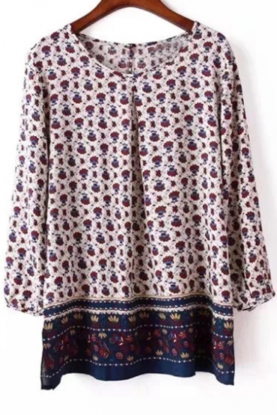 Stylish Floral Pattern Round Neck Long Sleeve Loose Blouse
