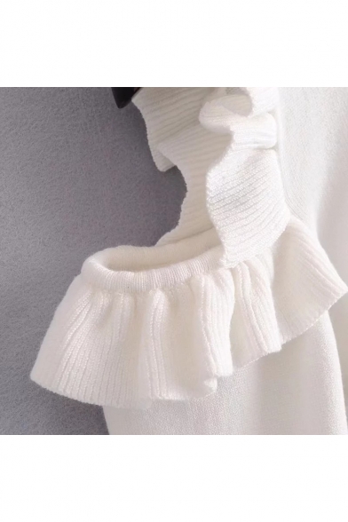 Stylish Plain Ruffle Cold Shoulder Long Sleeve Cropped Pullover Sweater